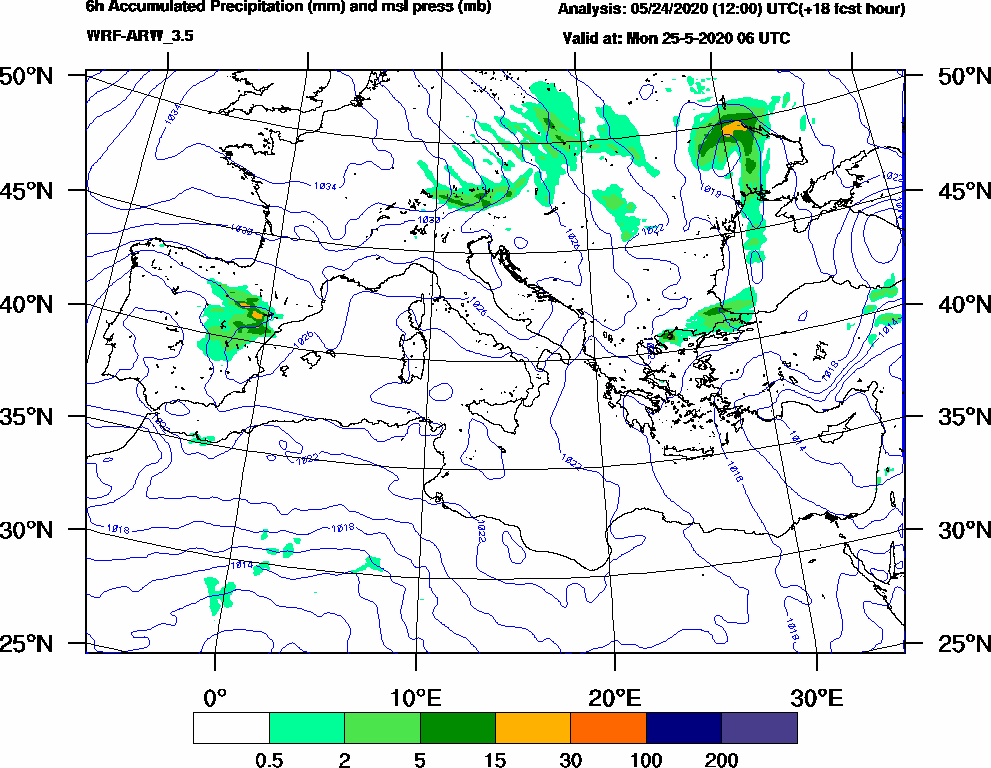6h Accumulated Precipitation (mm) and msl press (mb) - 2020-05-25 00:00