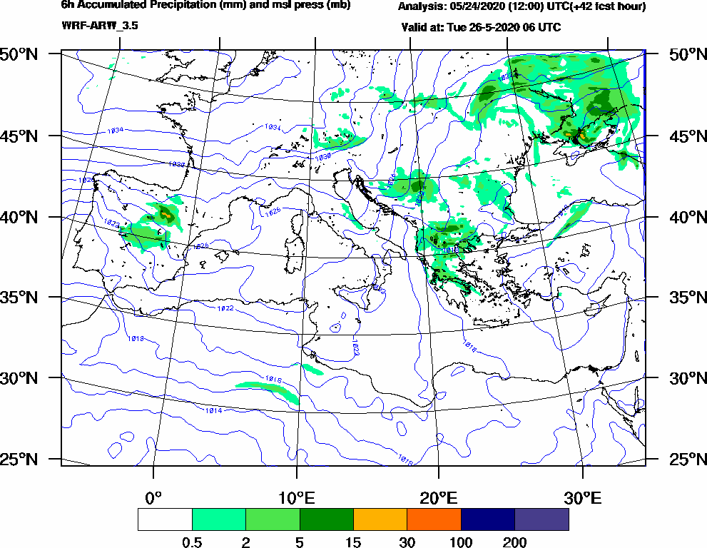 6h Accumulated Precipitation (mm) and msl press (mb) - 2020-05-26 00:00