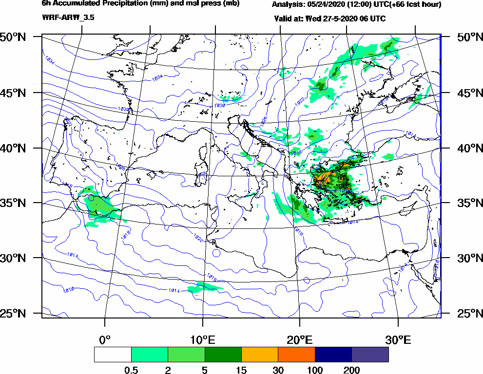 6h Accumulated Precipitation (mm) and msl press (mb) - 2020-05-27 00:00