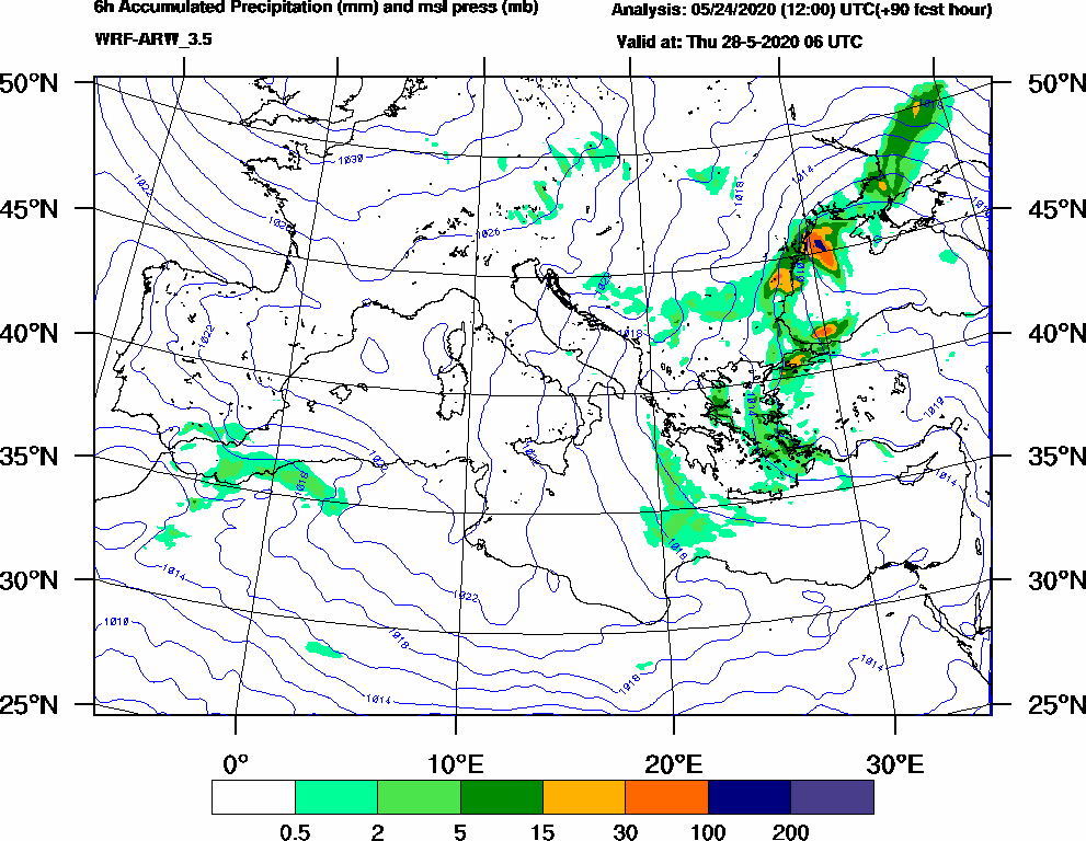 6h Accumulated Precipitation (mm) and msl press (mb) - 2020-05-28 00:00