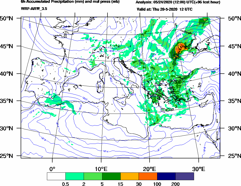 6h Accumulated Precipitation (mm) and msl press (mb) - 2020-05-28 06:00
