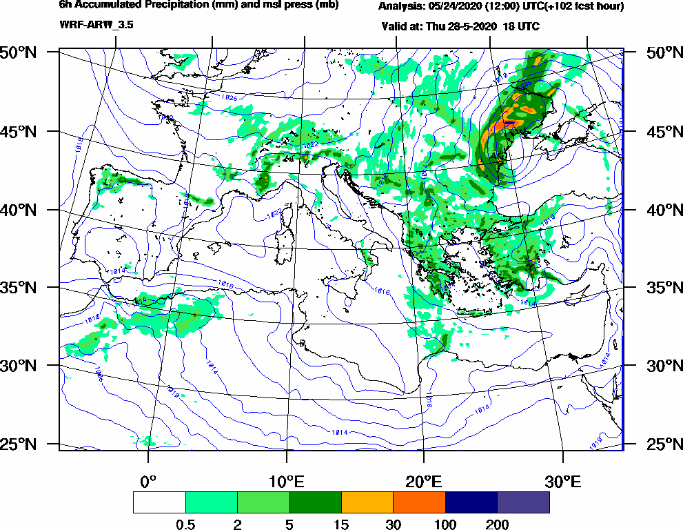 6h Accumulated Precipitation (mm) and msl press (mb) - 2020-05-28 12:00