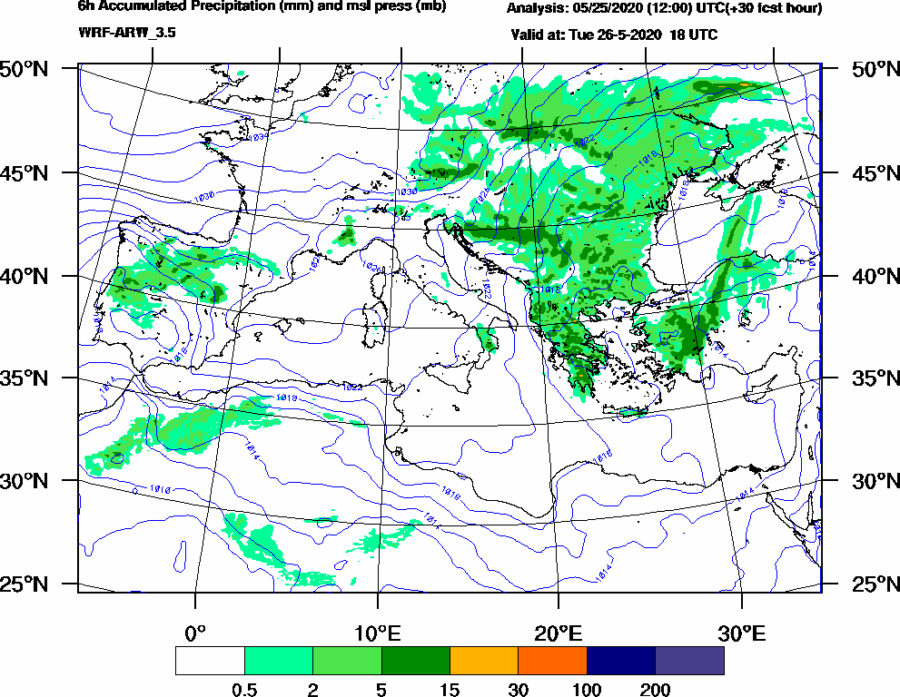 6h Accumulated Precipitation (mm) and msl press (mb) - 2020-05-26 12:00