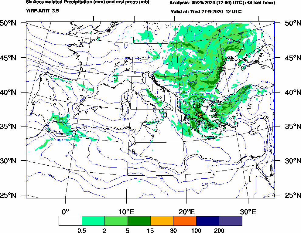 6h Accumulated Precipitation (mm) and msl press (mb) - 2020-05-27 06:00