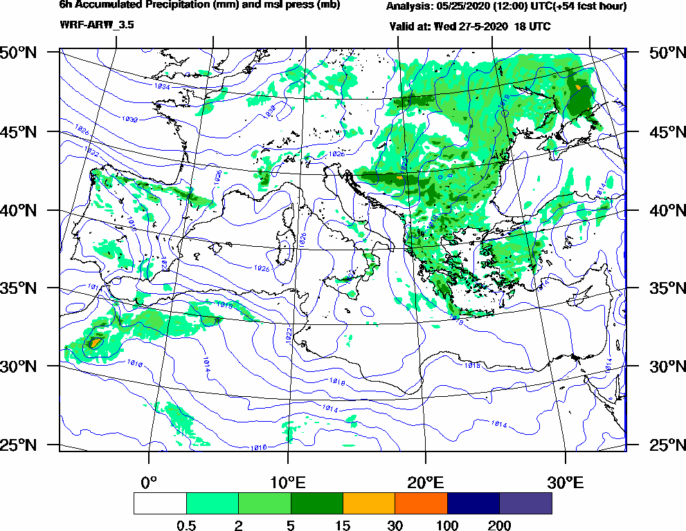 6h Accumulated Precipitation (mm) and msl press (mb) - 2020-05-27 12:00