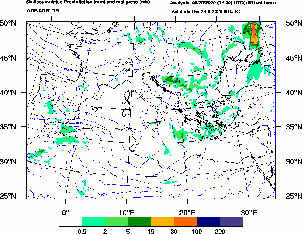 6h Accumulated Precipitation (mm) and msl press (mb) - 2020-05-27 18:00