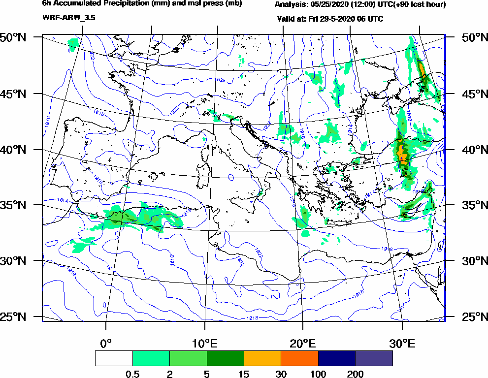 6h Accumulated Precipitation (mm) and msl press (mb) - 2020-05-29 00:00