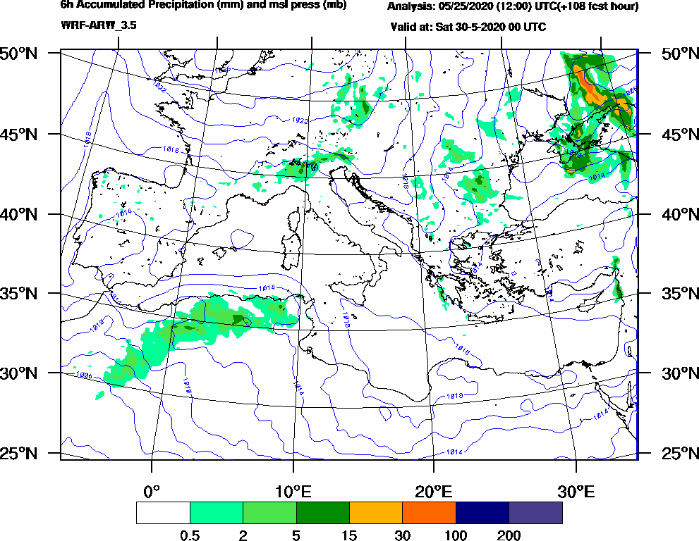 6h Accumulated Precipitation (mm) and msl press (mb) - 2020-05-29 18:00
