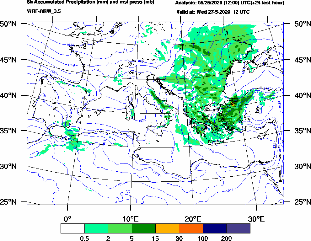 6h Accumulated Precipitation (mm) and msl press (mb) - 2020-05-27 06:00