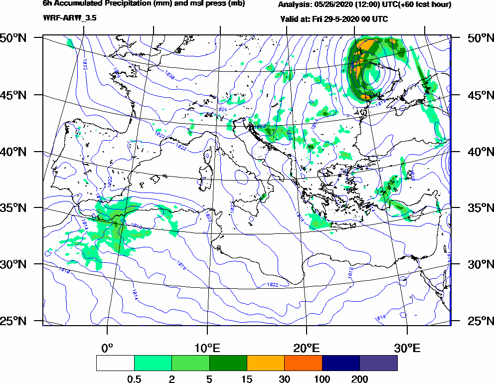 6h Accumulated Precipitation (mm) and msl press (mb) - 2020-05-28 18:00