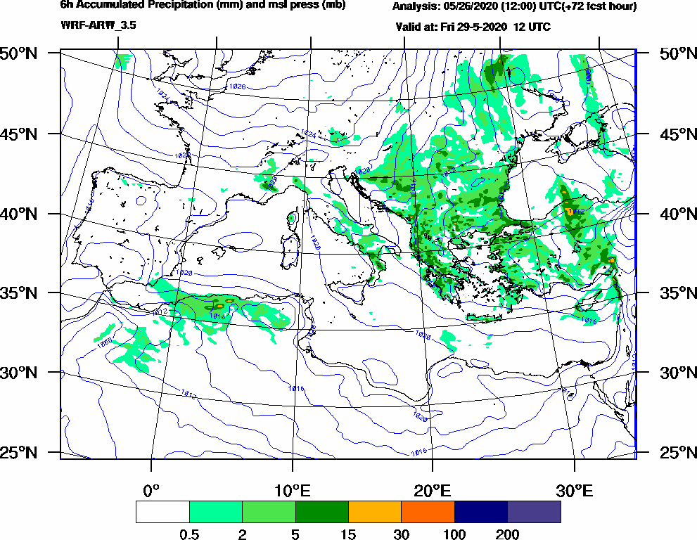 6h Accumulated Precipitation (mm) and msl press (mb) - 2020-05-29 06:00