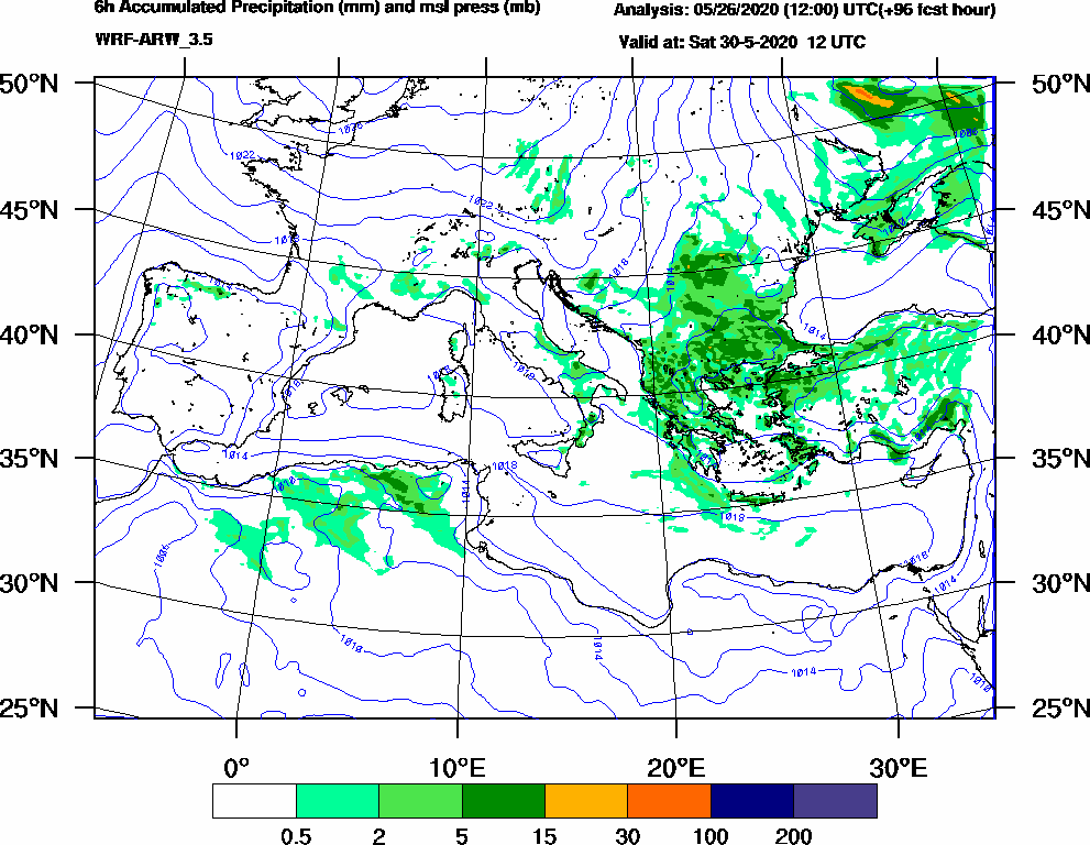 6h Accumulated Precipitation (mm) and msl press (mb) - 2020-05-30 06:00