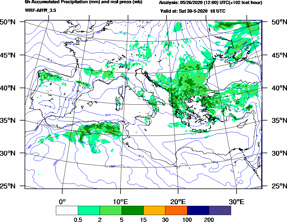 6h Accumulated Precipitation (mm) and msl press (mb) - 2020-05-30 12:00