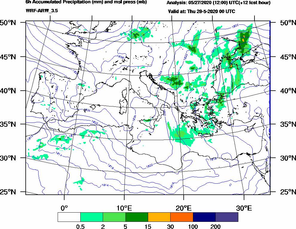 6h Accumulated Precipitation (mm) and msl press (mb) - 2020-05-27 18:00