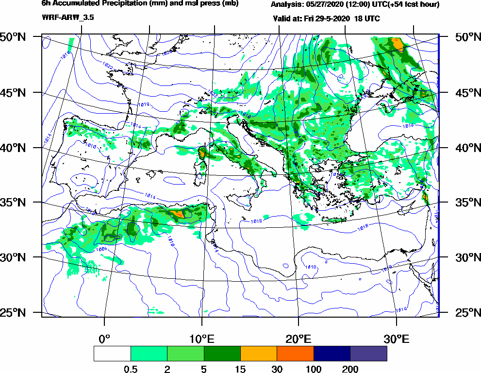 6h Accumulated Precipitation (mm) and msl press (mb) - 2020-05-29 12:00