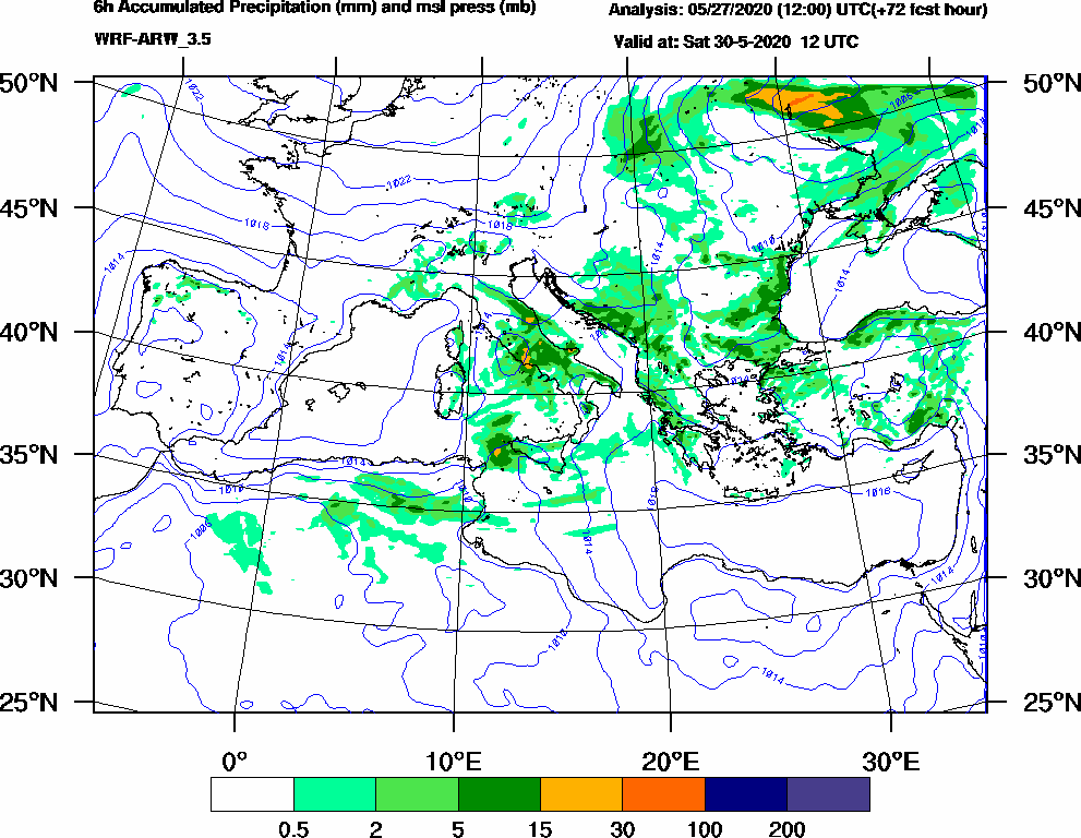 6h Accumulated Precipitation (mm) and msl press (mb) - 2020-05-30 06:00