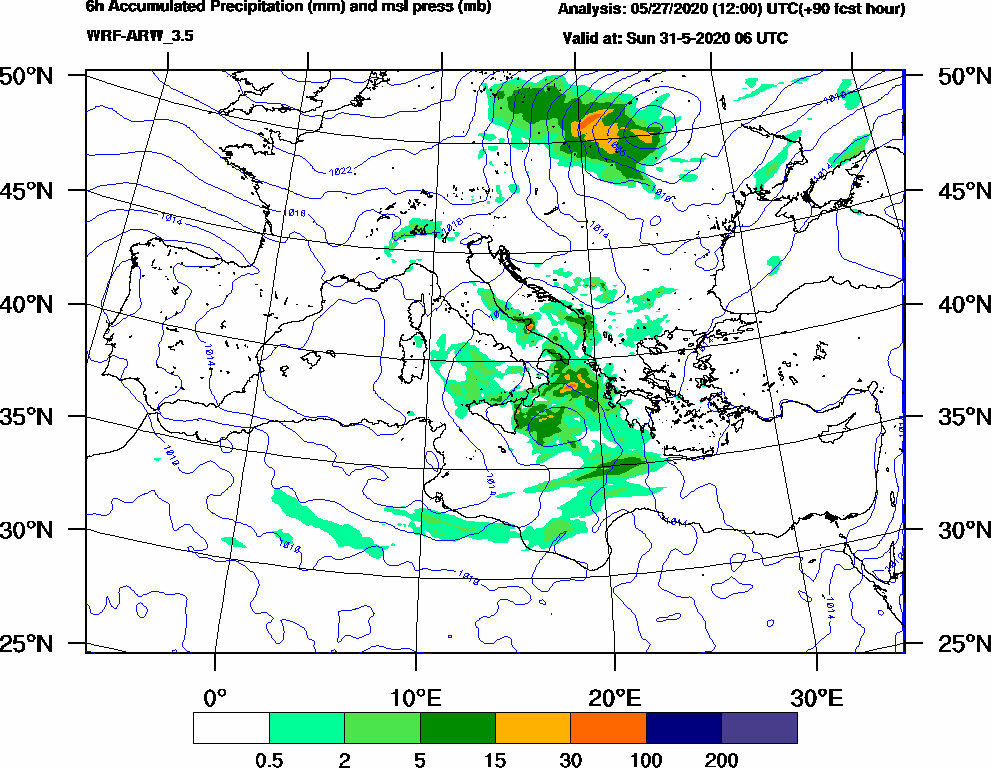 6h Accumulated Precipitation (mm) and msl press (mb) - 2020-05-31 00:00