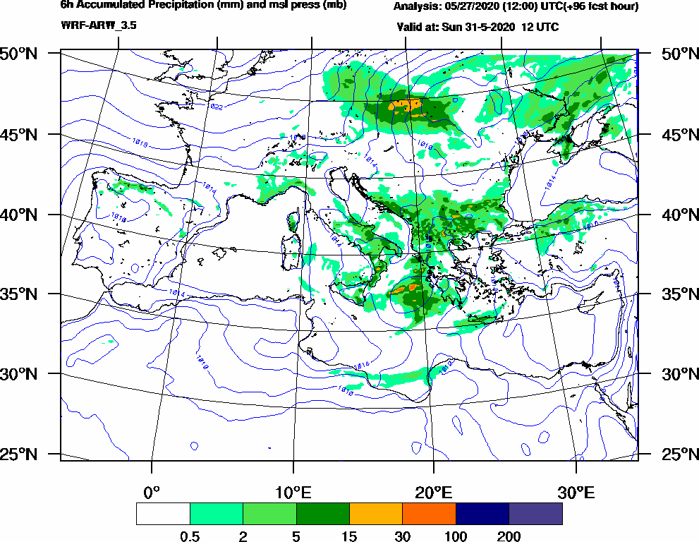 6h Accumulated Precipitation (mm) and msl press (mb) - 2020-05-31 06:00