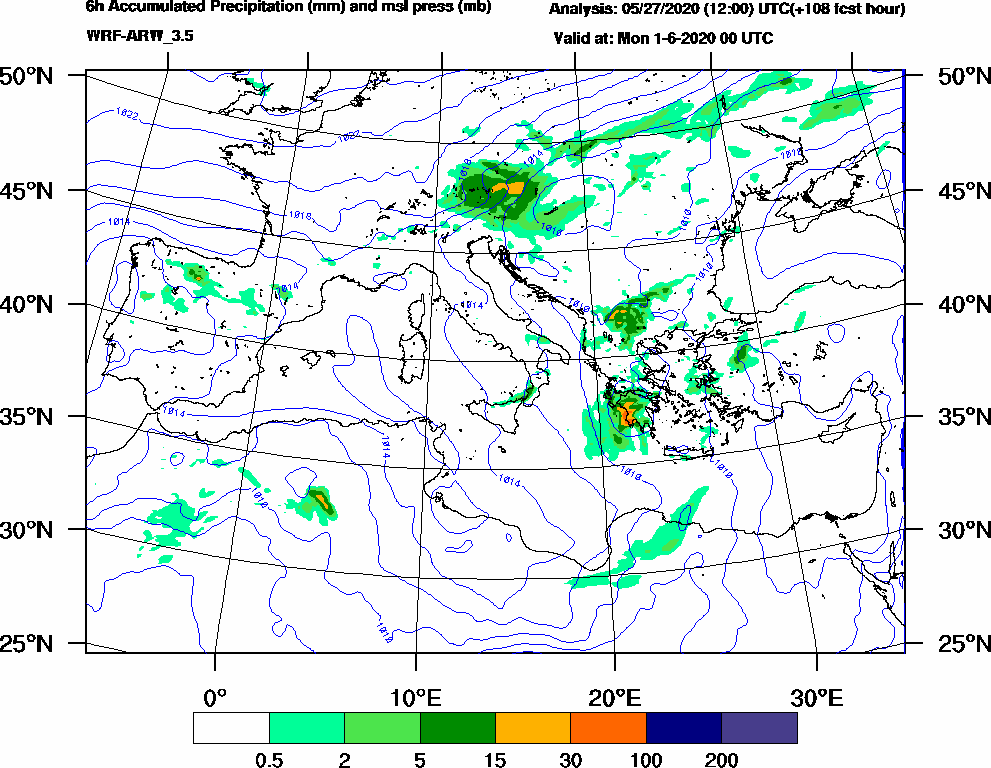 6h Accumulated Precipitation (mm) and msl press (mb) - 2020-05-31 18:00