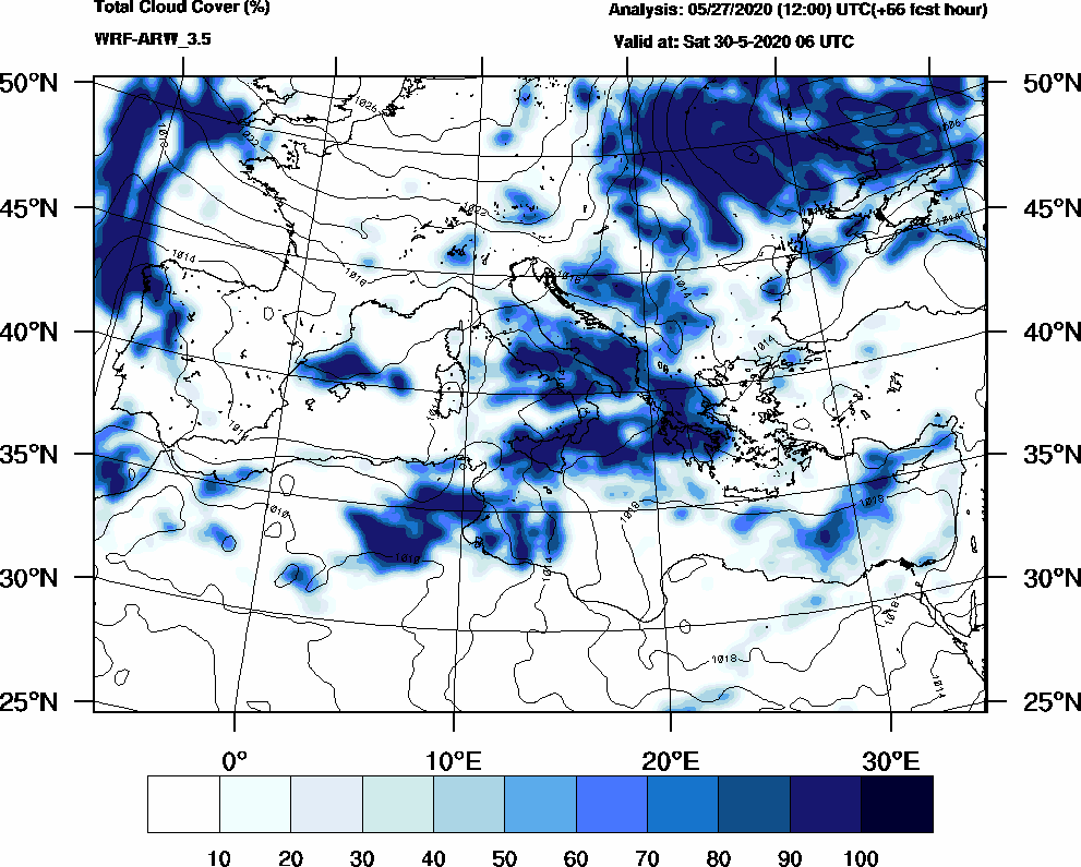 Total cloud cover (%) - 2020-05-30 00:00