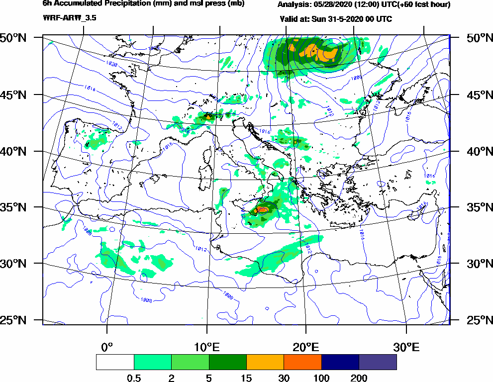 6h Accumulated Precipitation (mm) and msl press (mb) - 2020-05-30 18:00