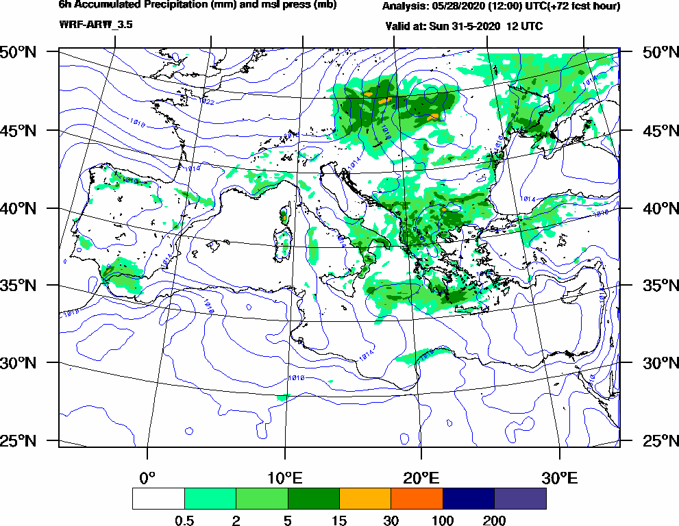 6h Accumulated Precipitation (mm) and msl press (mb) - 2020-05-31 06:00
