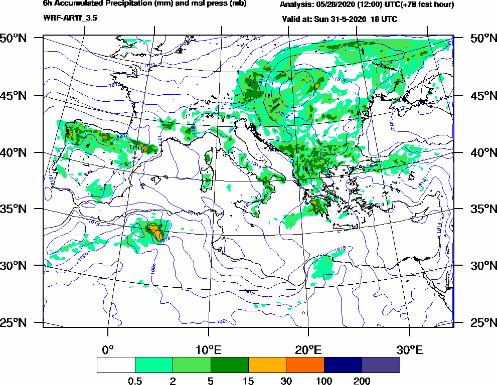 6h Accumulated Precipitation (mm) and msl press (mb) - 2020-05-31 12:00