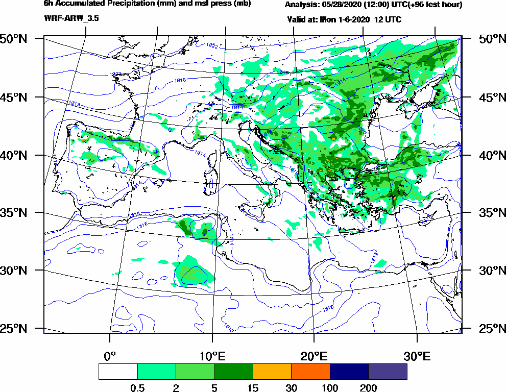 6h Accumulated Precipitation (mm) and msl press (mb) - 2020-06-01 06:00