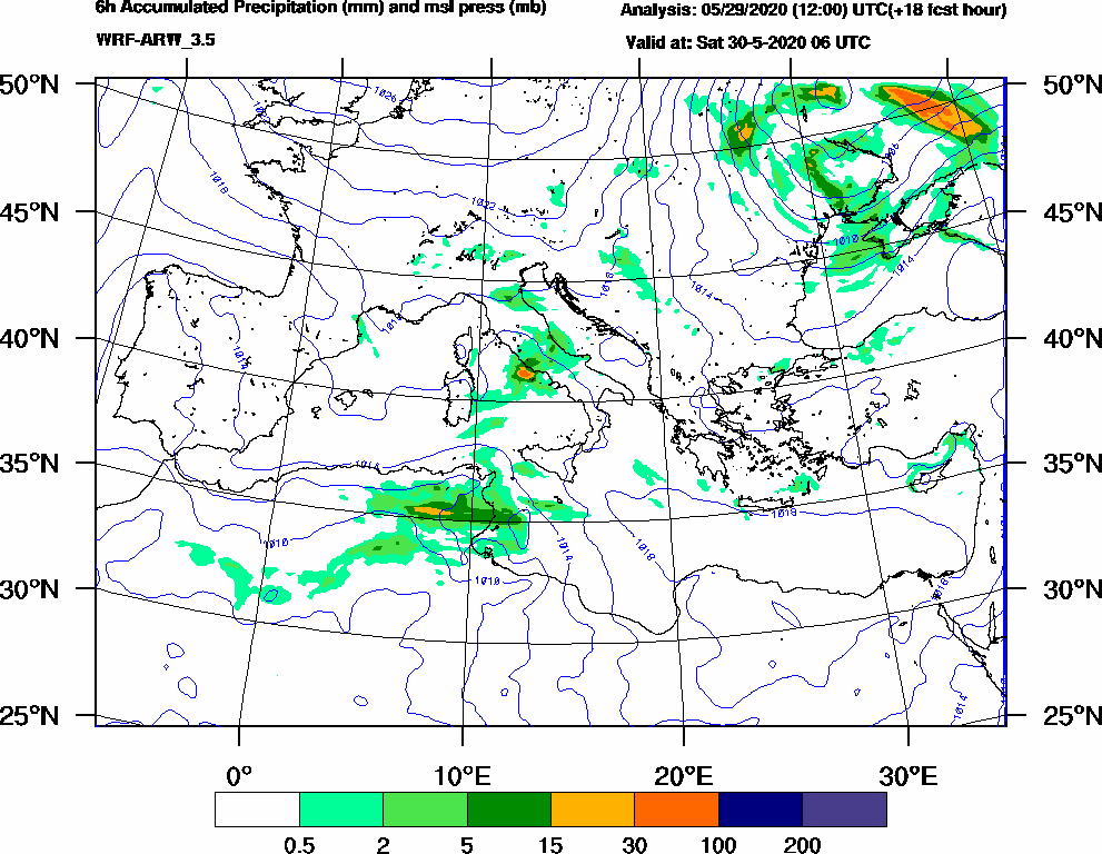 6h Accumulated Precipitation (mm) and msl press (mb) - 2020-05-30 00:00