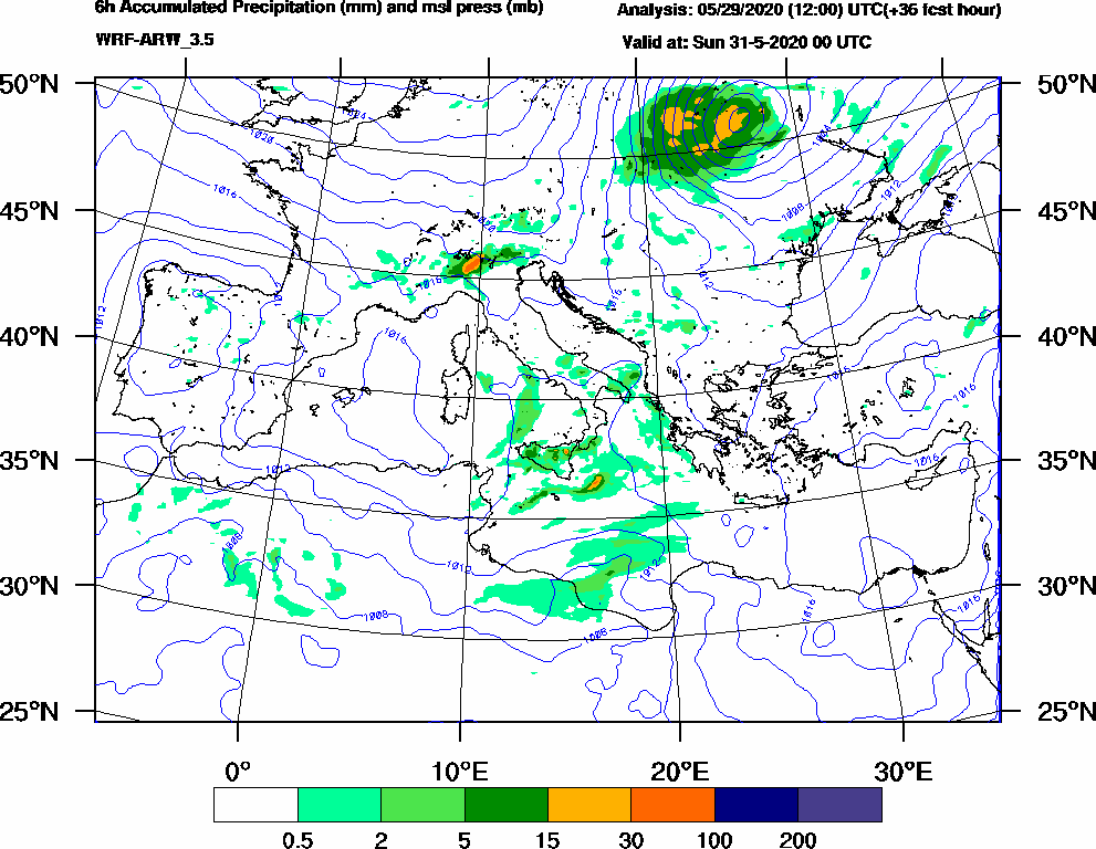 6h Accumulated Precipitation (mm) and msl press (mb) - 2020-05-30 18:00