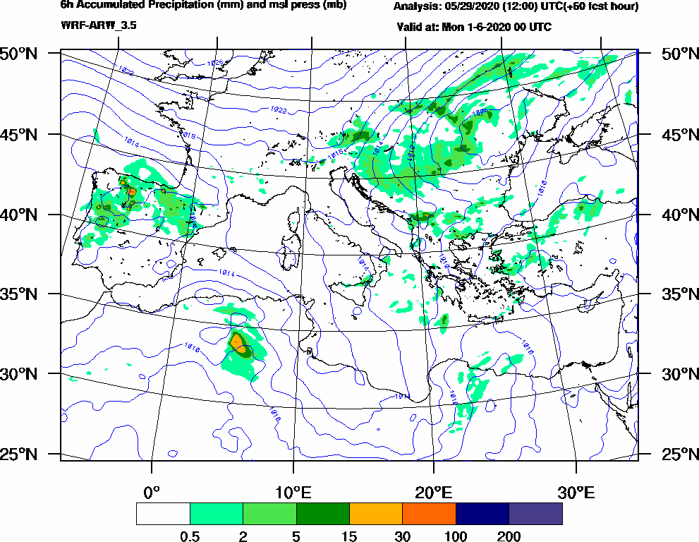 6h Accumulated Precipitation (mm) and msl press (mb) - 2020-05-31 18:00