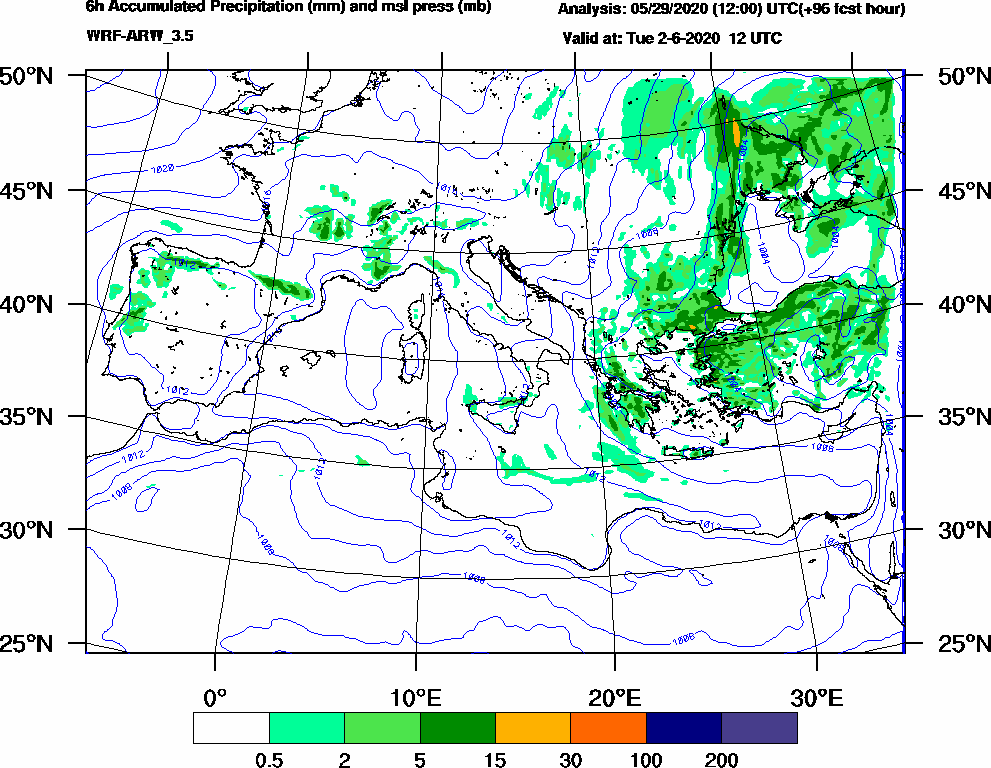 6h Accumulated Precipitation (mm) and msl press (mb) - 2020-06-02 06:00