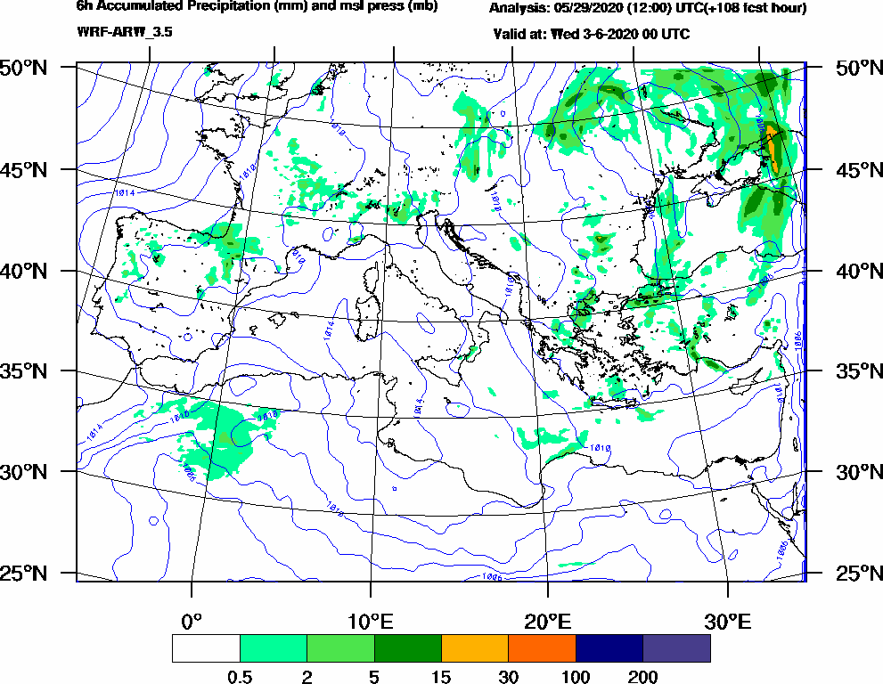 6h Accumulated Precipitation (mm) and msl press (mb) - 2020-06-02 18:00