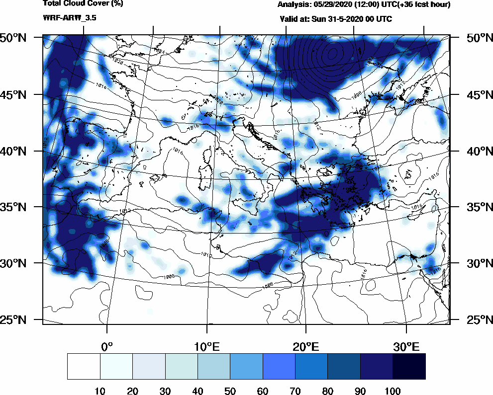 Total cloud cover (%) - 2020-05-30 18:00