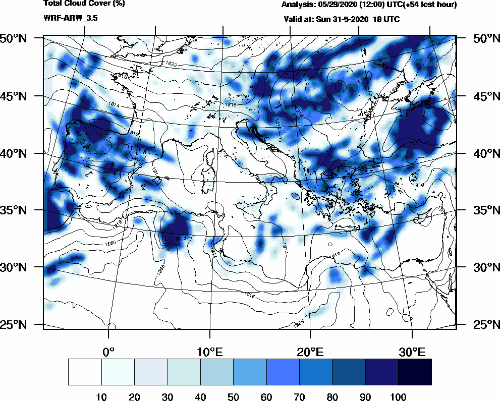 Total cloud cover (%) - 2020-05-31 12:00