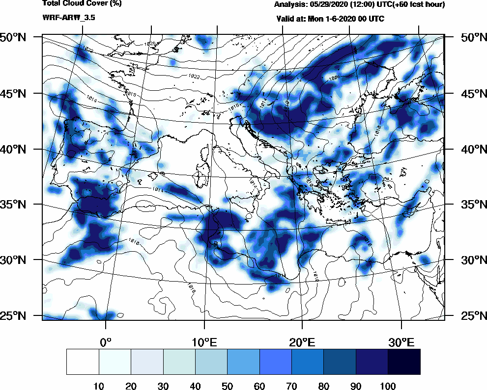 Total cloud cover (%) - 2020-05-31 18:00