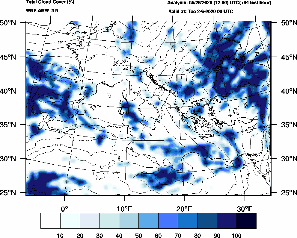 Total cloud cover (%) - 2020-06-01 18:00