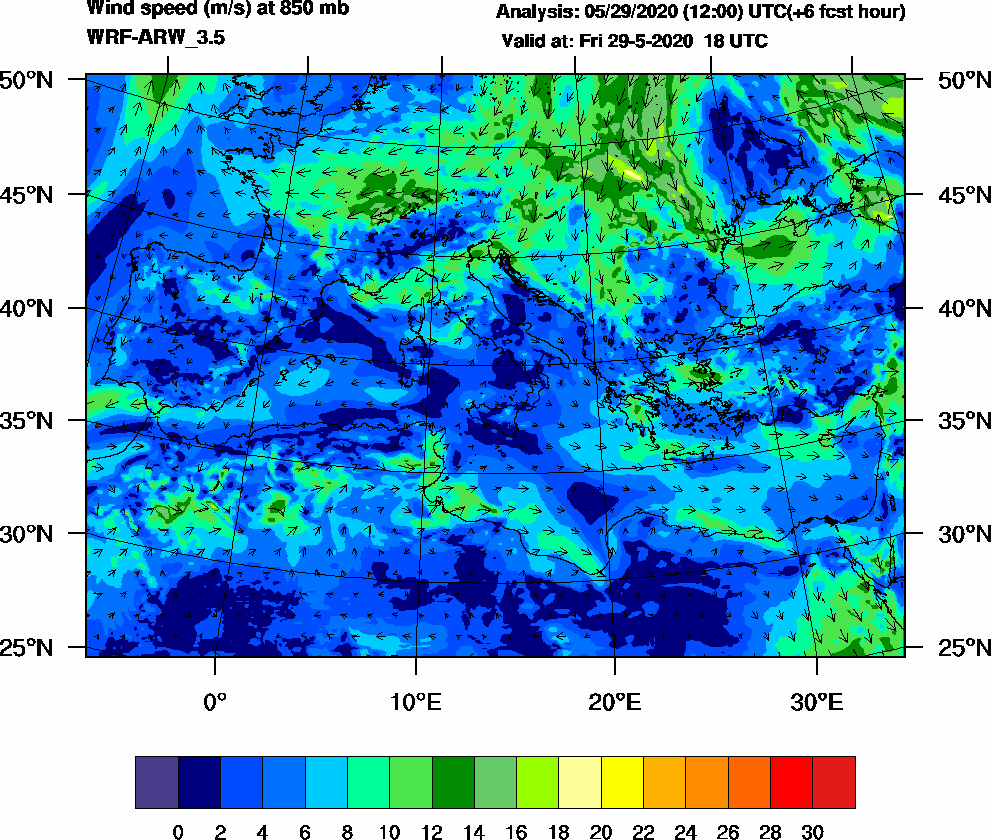 Wind speed (m/s) at 850 mb - 2020-05-29 18:00
