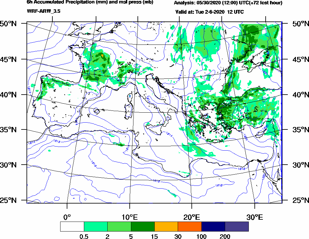 6h Accumulated Precipitation (mm) and msl press (mb) - 2020-06-02 06:00