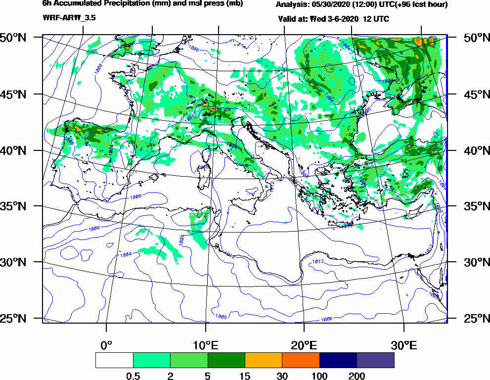6h Accumulated Precipitation (mm) and msl press (mb) - 2020-06-03 06:00