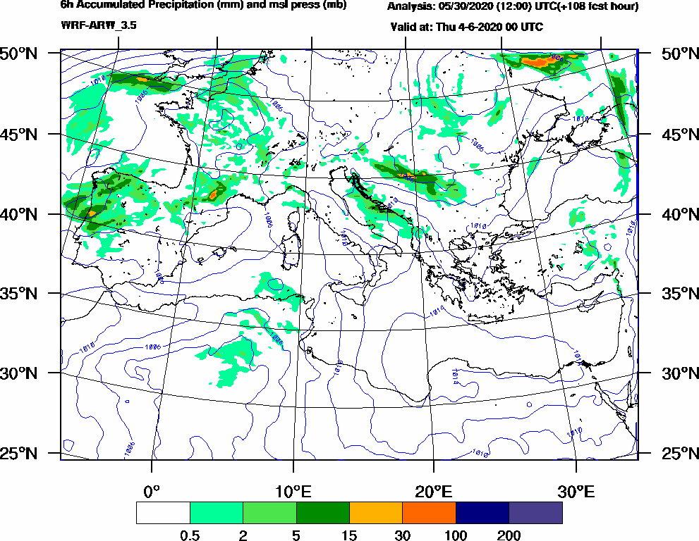 6h Accumulated Precipitation (mm) and msl press (mb) - 2020-06-03 18:00