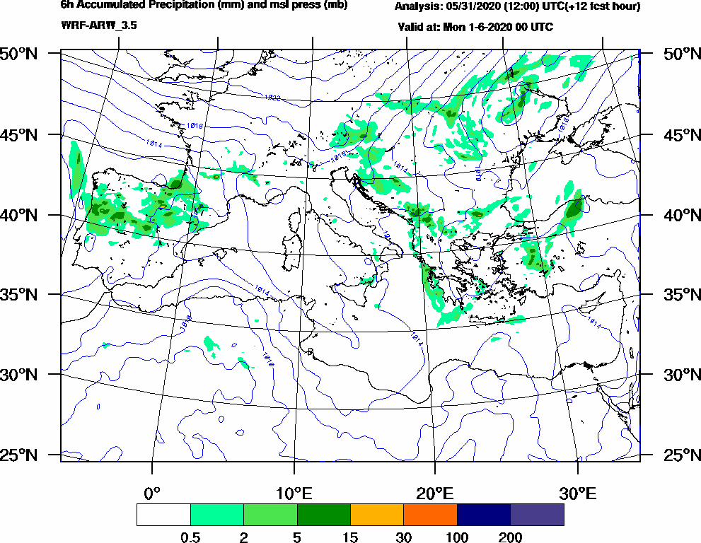 6h Accumulated Precipitation (mm) and msl press (mb) - 2020-05-31 18:00