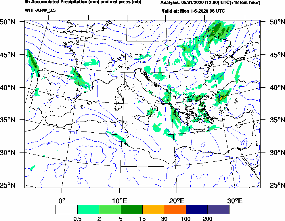 6h Accumulated Precipitation (mm) and msl press (mb) - 2020-06-01 00:00