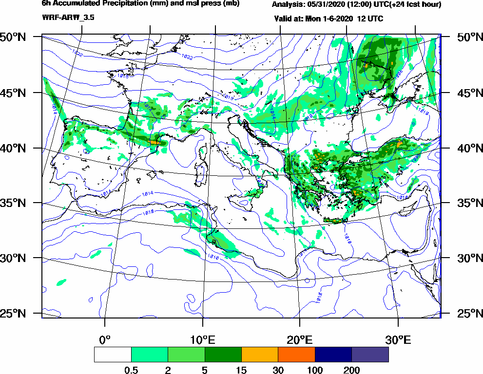 6h Accumulated Precipitation (mm) and msl press (mb) - 2020-06-01 06:00