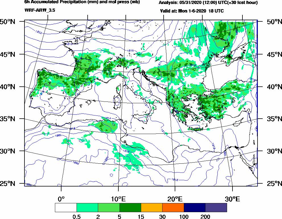6h Accumulated Precipitation (mm) and msl press (mb) - 2020-06-01 12:00