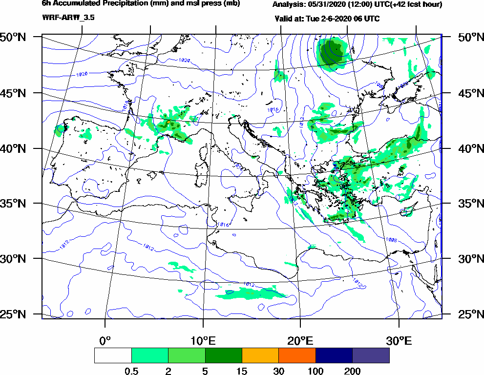 6h Accumulated Precipitation (mm) and msl press (mb) - 2020-06-02 00:00