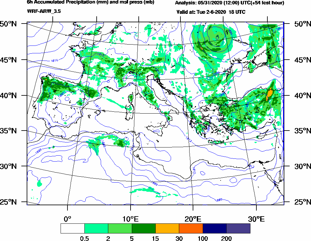 6h Accumulated Precipitation (mm) and msl press (mb) - 2020-06-02 12:00