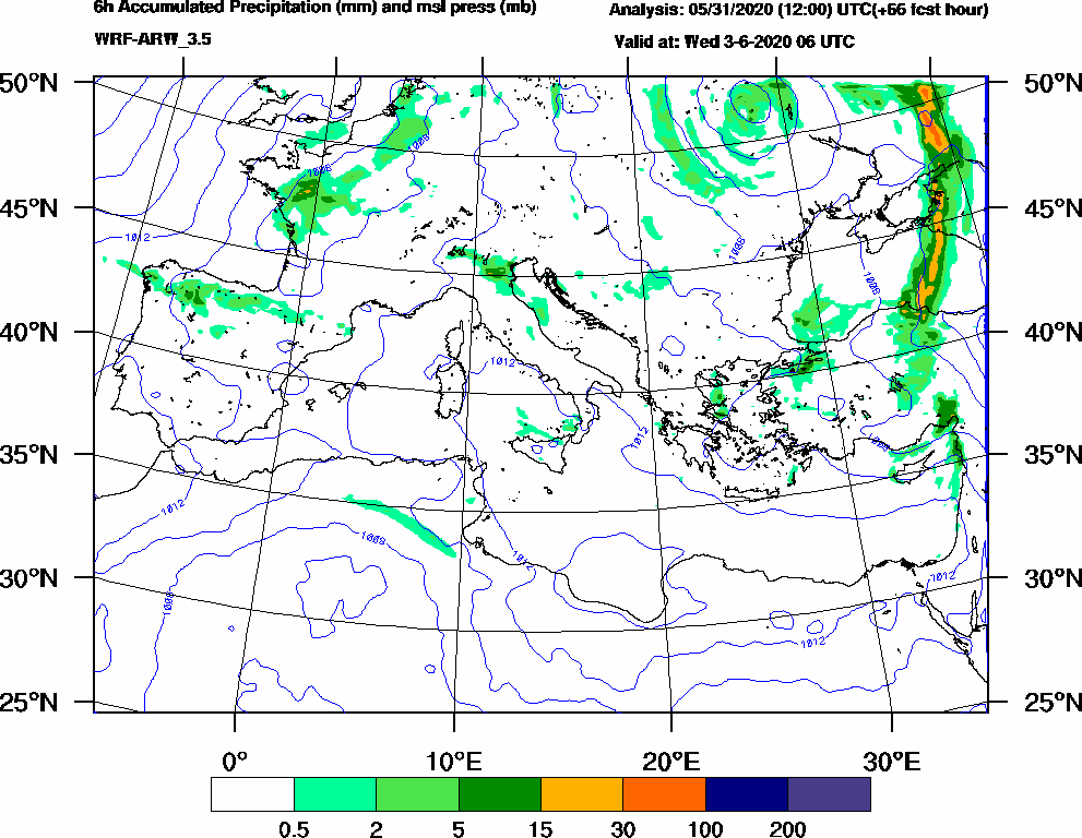 6h Accumulated Precipitation (mm) and msl press (mb) - 2020-06-03 00:00