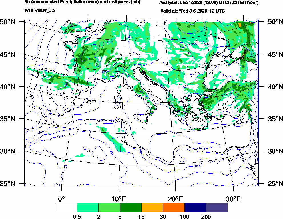 6h Accumulated Precipitation (mm) and msl press (mb) - 2020-06-03 06:00