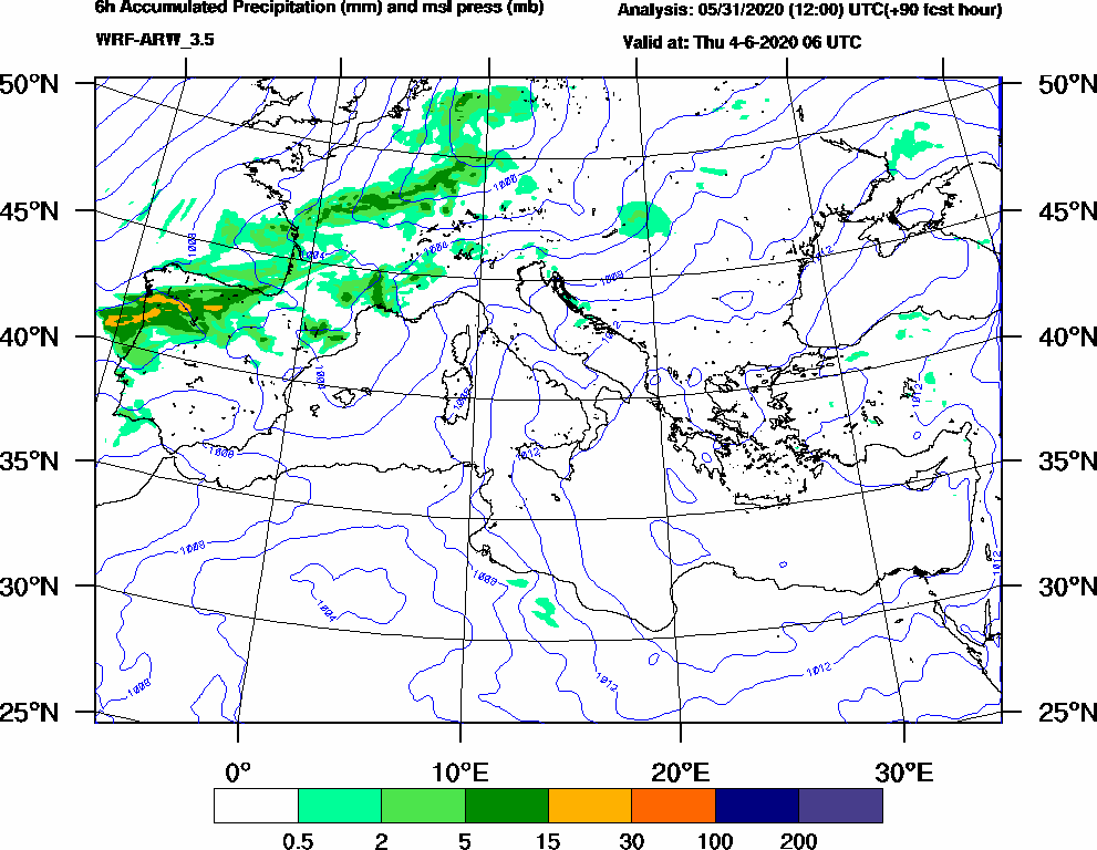 6h Accumulated Precipitation (mm) and msl press (mb) - 2020-06-04 00:00